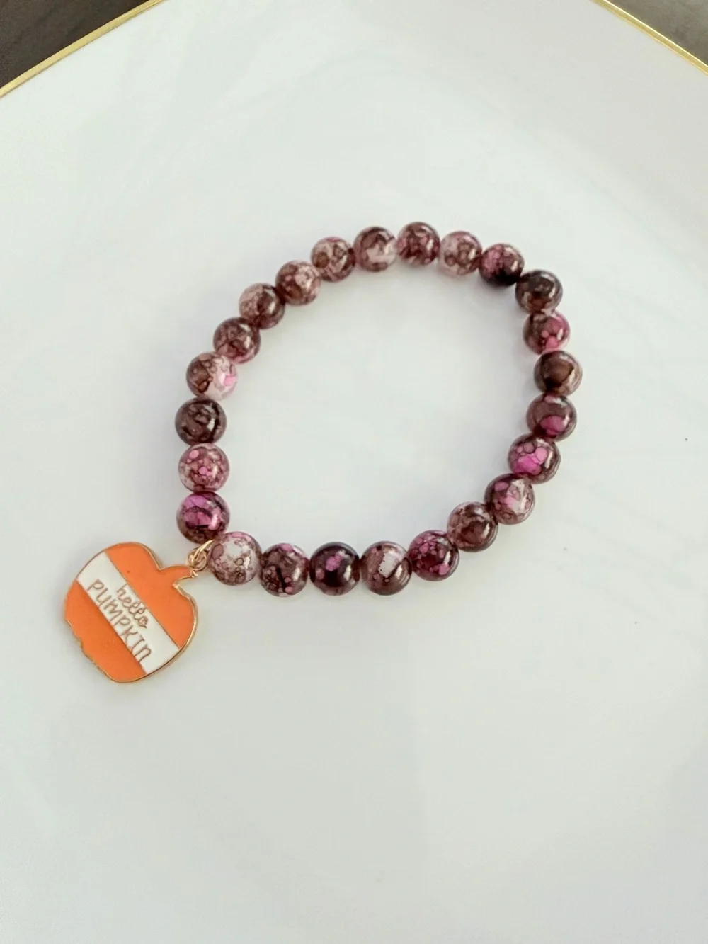 Pink Marbled Bead Bracelet with Orange 'Hello Pumpkin' Charm